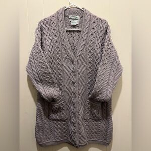 Aran Crafts Ireland Merino Wool Lavender Grey Cable Knit Long Cardigan—XL